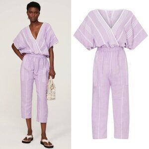 Paradised Merri Wrap Effect Stripe Jumpsuit XS Purple Beach Coverup Cotton